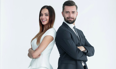 Portrait of business people back to back against white backgroun