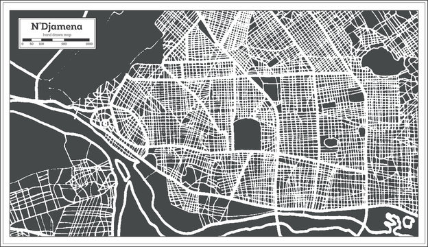 N'Djamena Chad City Map in Retro Style. Outline Map.
