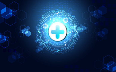 Abstract health science consist health plus digital technology concept  modern medical technology,Treatment,medicine on hi tech future blue background. for template, web design or presentation.