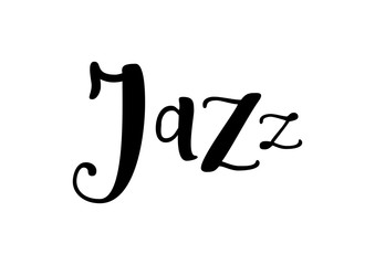 Lettering of Jazz in black isolated on white background for decoration, poster, banner, advertising, placard, affiche, show bill, sticker, music festival, concert
