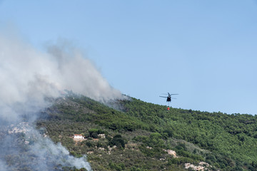 Helicopter fighting fire on a mountain