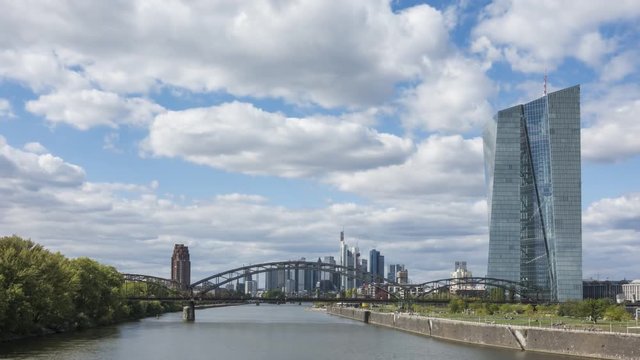 Timelapse - Moving clouds over the cityscape of Frankfurt, Hessen, Germany