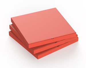 Red cardboard pizza boxes isolated on white background. Realistic rendered mockup.