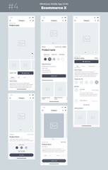 Wireframe kit for mobile phone. Mobile App UI, UX design. New OS Ecommerce Product. Category, Name of product, size, color, prices and details screens. Choose and buy a product.
