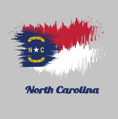 Brush style color flag of North Carolina, A blue union, a white star with N and C, the circle containing the same to be one-third the width of the union. with text North Carolina.