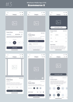 Wireframe kit for mobile phone. Mobile App UI, UX design. New OS Ecommerce Product. Category, Name of product, size, color, prices and details screens. Choose and buy a product.