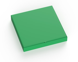 Green cardboard pizza box (300x300x40) isolated on white background.