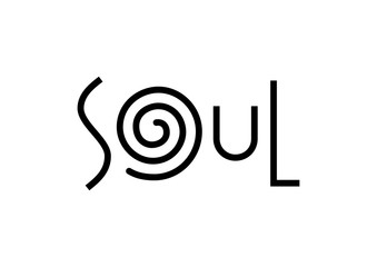 Modern lettering of Soul in black with swirl isolated on white background for decoration, logo
