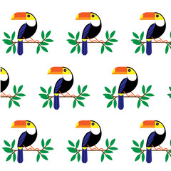 Vector illustration with tropical leaves and bird toucan on a branch.Exotic Bird Isolated on White Background. Flat set.