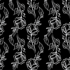 Fototapeta premium Lace elegant vintage floral pattern - light gray line art on a black background, hand drawn vector illustration