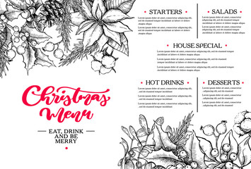 Christmas menu. Botanical restaurant and cafe template. Vector hand drawn illustration with holly, mistletoe, poinsettia,