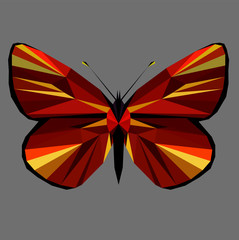 Butterfly polygonal low poly isolated on grey background,symmetrical vector illustration. Insect with geometry triangle. Abstract butterfly of black, red and yellow colors.