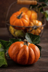 Pumpkins and leaves over wooden background copy space. Template fall harvest thanksgiving halloween invitation cards.