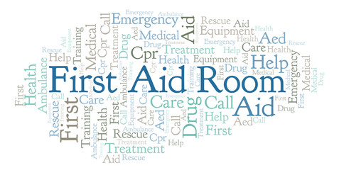 First Aid Room word cloud, made with text only.