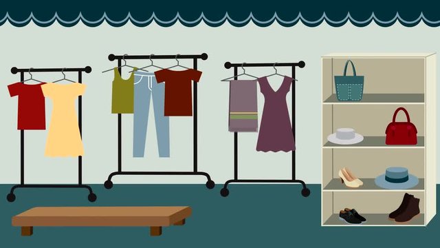 Animation of the creating of a clothing store - clothes, shelf, shoes, hangers