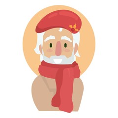 Elderly artist in a red long scarf and beret.