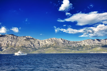 Obraz premium Cruise Ship, Cruise Liners On Adriatic sea and majestic landscape, Croatia