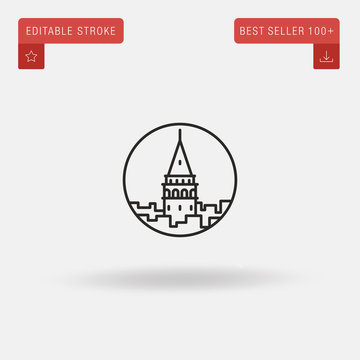Outline Galata Tower icon isolated on grey background. Line pictogram. Premium symbol for website design, mobile application, logo, ui. Editable stroke. Vector illustration. Eps10