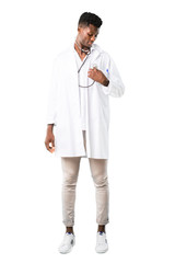 Full body of African american doctor with stethoscope on white background