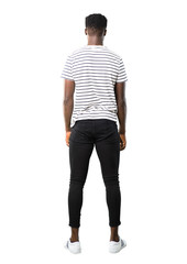 Full body of Dark skinned man with striped shirt looking back on white background