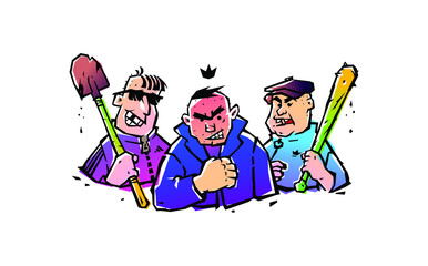 Illustration of three hooligans with a bat and a shovel. Vector. The illustration is isolated on a white background. Russian courtyard punks. Bandits and robbers. Funny mafia. Sticker, picture for T-s