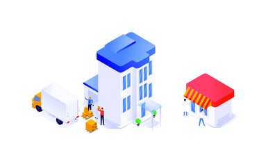 Houses and equipment in isometric. From production to the store. Vector. The industry of cargo delivery, logistics. Background for the banner. Image is isolated on white background. Fashionable illust