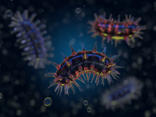 Scientific background with bacteria, viruses, microorganisms. 3D