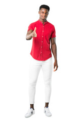 Fototapeta premium Full body of Young african american man shaking hands for closing a good deal on white background