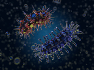 Scientific background with bacteria, viruses, microorganisms. 3D