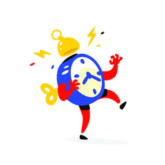 Cartoon character is an alarm clock. Vector. Time is running out. The clock is ringing. Time is running out. Image is isolated on white background. Flat illustration for sign, print and website. Sched