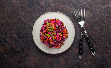 Salad from the beet. Vinaigrette is a traditional Russian salad made from beets and vegetables.