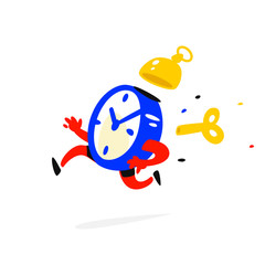 Cartoon character running alarm clock. Time is up. The clock is running. Image is isolated on white background. Flat illustration for banner, print and website. Mascot company.