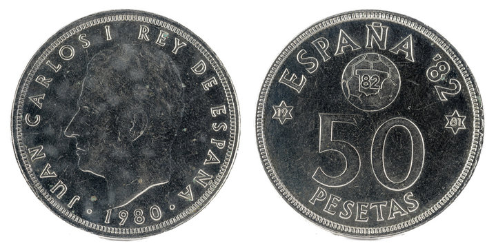Old Spanish coin of 50 pesetas, Juan Carlos I. Year 1980.  19 81 in the stars.