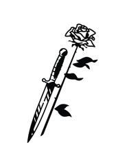 Tattoo of a dagger and roses. Vector. Vintage tattoo in the style of the American old school. Image is isolated on white background. Contour drawing. Fashionable tattoo for the mafia. Love and crime.