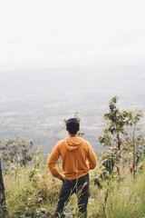 man feel relax in mountain