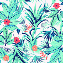 Blue vector seamless beautiful artistic bright tropical pattern with exotic forest. Colorful original stylish floral background print, bright rainbow colors on white.