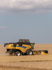 Obraz premium Yellow combine harvesters on the field. Combine harvest on grain field. Summer harvest and blue sky. Harvesting on grain field. Harvests wheat in the fields in summer.