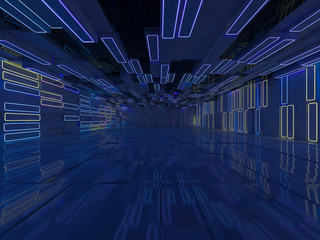 Background of an empty room with walls and neon light. Neon rays and glow. 3D