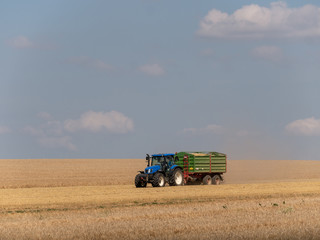 Obraz premium Blue tractor with trailer on the harvest field. Summer field and blue tractor with trailer. Harvest field, blue sky and tractor.