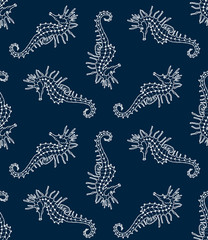 Vector seamless pattern of white seahorse stencil on blue background. Seahorse background © olhabocharova