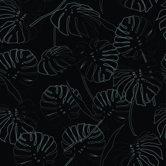 White outline palm leaves on the light black background. Vector seamless pattern. Tropical illustration. Jungle foliage.
