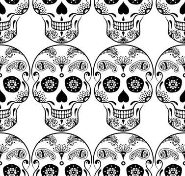 Vector seamless pattern of black sugar skull with doodle floral pattern on white background. Coloring page book for Mexican Day of the Dead