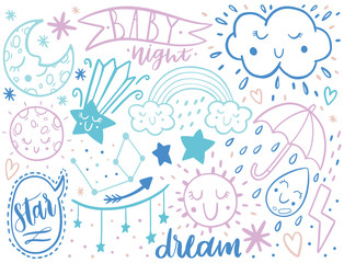 Vector dooodle sketch kids set. Hand dreawn style. Baby wreath cloud,moon,sun,rainbow,cloud.