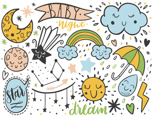 Vector dooodle sketch kids set. Hand dreawn style. Baby wreath cloud,moon,sun,rainbow,cloud.