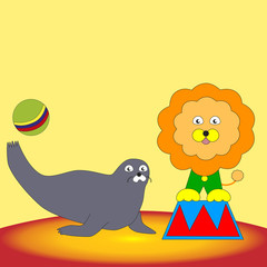 Funny seal playing with a ball and a lion sitting on a pedestal in the circus.