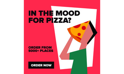 Hungry Boy/Guy/Man Eating Pizza with Hands. Flat Vector Illustration of Pizza and People. Pizza Party Template