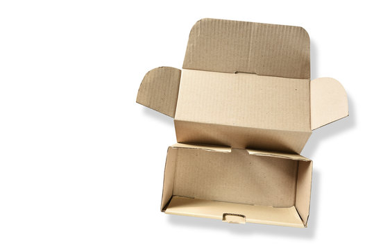 Top view of empty open cardboard box on white background
