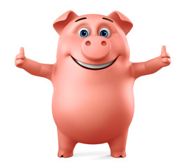 Pink pig shows two thumbs up. 3d render illustration.