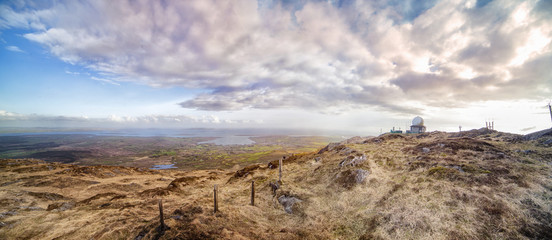 Panoramic lanscape with a radar dome on the summit. Mount gabriel, West Cork, Ireland.