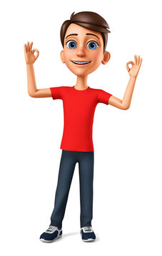 Cheerful guy showing two thumbs up. 3d render illustration.